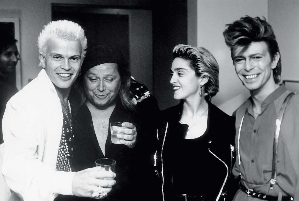 Билли Айдол, комедиант Сэм Кинисон, Мадонна и Дэвид Боуи, 1987 год.